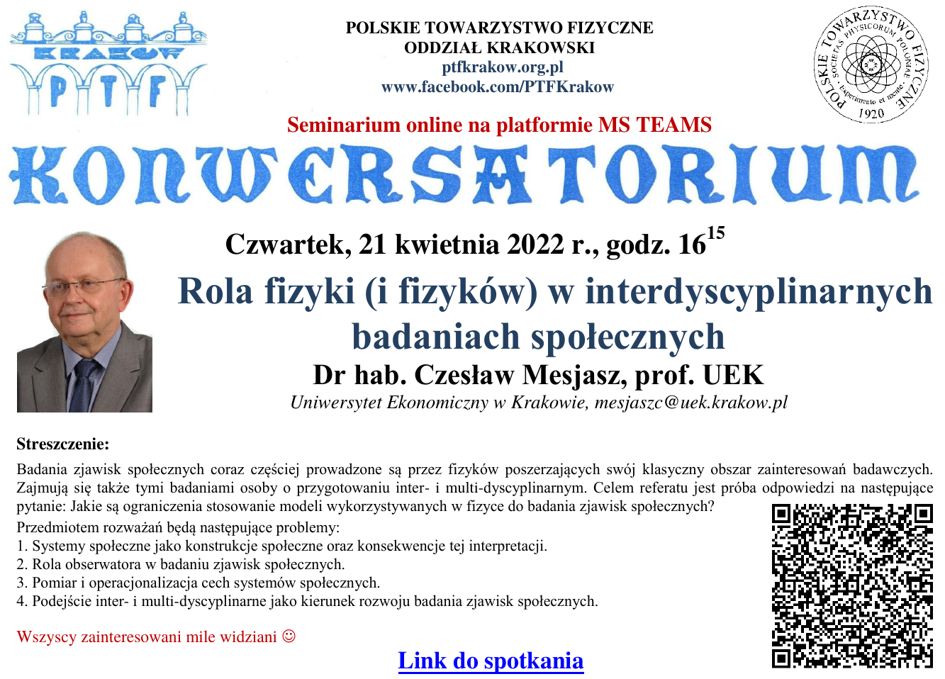 KONWERSATORIUM FIZYCZNE, CZWARTEK 21 KWIETNIA 2022, GODZ. 16:15 (MS TEAMS)