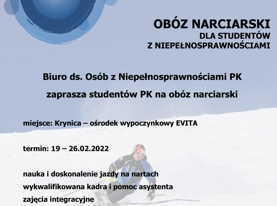 Biuro ds. osób z niepełnosprawnościami zaprasza studentów PK na obóz narciarski